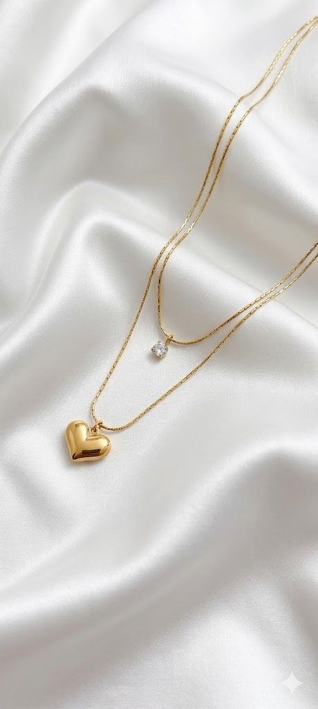 Auraa Classic Solitaire & Puffy Heart Double-Layer Neckchain