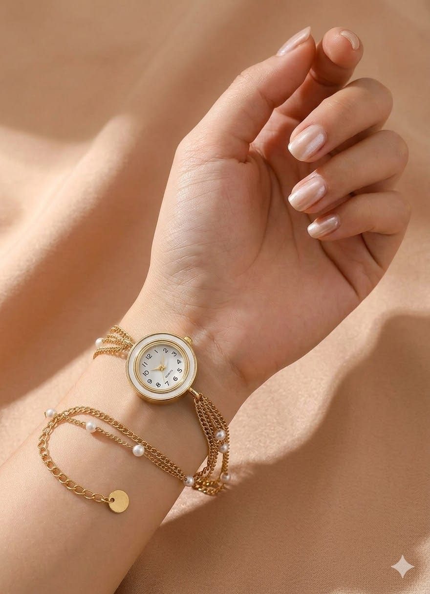 Multi-Strand Pearl and Gold Chain Watch Bracelet